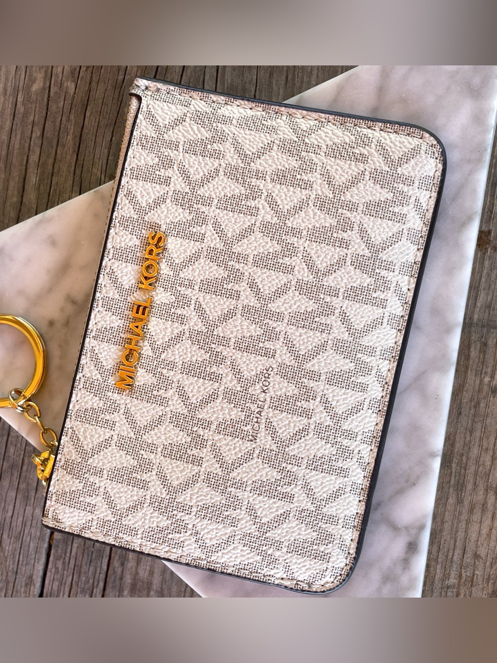 Michael Kors White and Light Gray Signature Zip keychain with Gold Logo Wallet